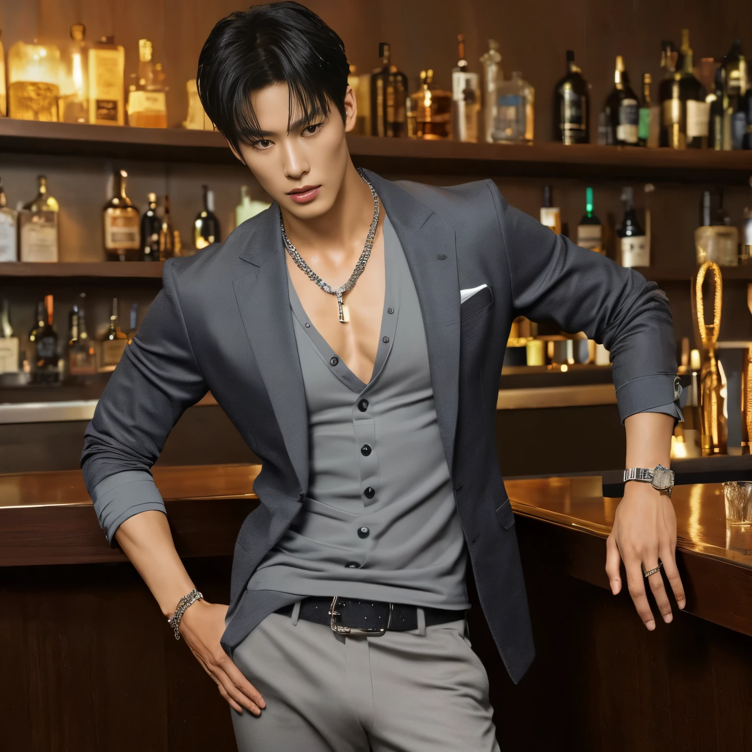 (Detailed face:1.3),8k,photorealistick,best quality, (insanely detailed:1.3), Very handsome korean man,low body fat,(very muscular: 1.3),prominent veins, abs, very tall, (huge bulge crotch:1.3), (very tanned skin:1.3), bangs,short hair, Behind the bar where the neon reflects ,wears shirt with a few buttons unbuttoned,Luxurious tight fitting gray suit, Luxurious belts, Luxurious Chrome Hearts Necklace, looking at viewer, full body shot,pov,