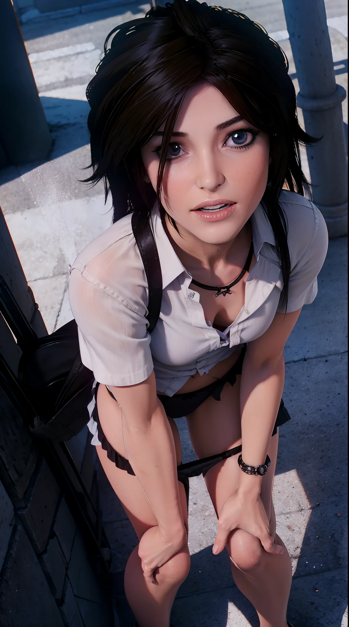 bangs, Hair Between Eyes , Elastic hair , pomade, girls, Kogal, Make-up, break skirt , shirt, Jewelry , white shirt, Pleated skirt , shirt з коміром, Mini Skirt , bracelet, black skirt, , large full chest , break дивиться на глядача, Full Body , break (masutepiece:1.2), Best Quality , high resolution, Шпалери Unity 8k, ( Illustration : 0.8), ( Beautiful detailed eyes : 1.6), Extremely detailed , extremely detailed computer graphics, ( Perfect Hands , Perfect anatomy ), Smile open mouth , Стоячи на Escalator і, (Up ) Escalator ), ( Lower body shot ), Thigh Focus , ( Bottom Shot : 1.3), (bottom view : 1.3)、 (black panties: 1.3)、( skirt , Rolling : 1.3)、( Fully open panties : 1.5), on the street 、 Outdoors , bottom view