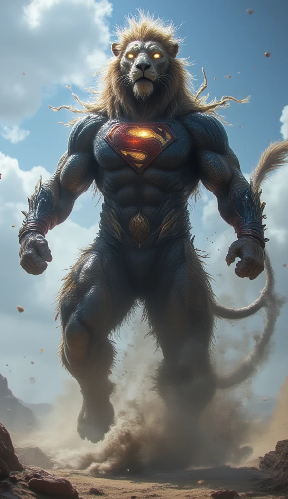 A massive hybrid creature with a bodybuilder's muscular physique, inspired by Superman's strength. Its body is adorned with the iconic blue costume and a glowing 'S' emblem on its chest. The lion retains its head, with a thick mane dramatically flowing. It hovers in mid-air in an upright position, appearing as though standing powerfully without touching the ground. One hand is clenched at its side, muscles tensed, while the other is slightly raised, radiating an aura of intimidation. Its eyes glow with laser-like intensity, adding to its invincible appearance. Small debris floats around it, and sand drifts gently in the air, enhancing the dramatic effect. The background features a clear sky with clouds parting, amplifying the creature’s extraordinary power.