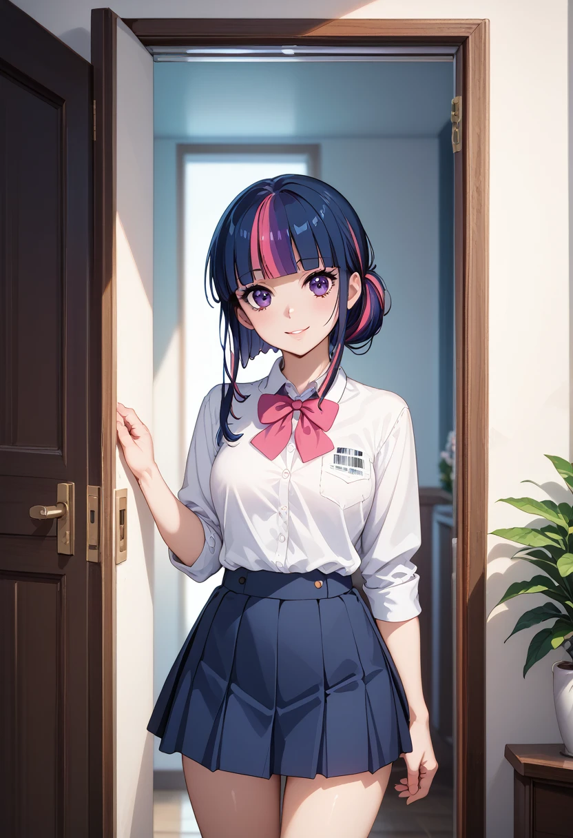  An anime-style manga cover featuring Twilight Sparkle as a character main .  She is represented in an introspective pose ,  standing in front of an open door ,  with natural light softly illuminating the environment .  Twilight is wearing an elegant school uniform :  white shirt with a pink ribbon around the neck and a blue skirt ho .  Her eyes shine in deep purple ,  conveying curiosity and determination ,  while a pink patch in her dark blue hair highlights her unique personality . In the background,  green plants and architectural details suggest a welcoming and academic environment.  The composition is harmonious ,  with the title 'Twilight Chronicles' on the top in stylized letters ,  and additional details such as volume  ('Volume 1' )  and the barcode in the lower right corner .  Soft tones and detailed lighting create a sense of mystery and discovery .