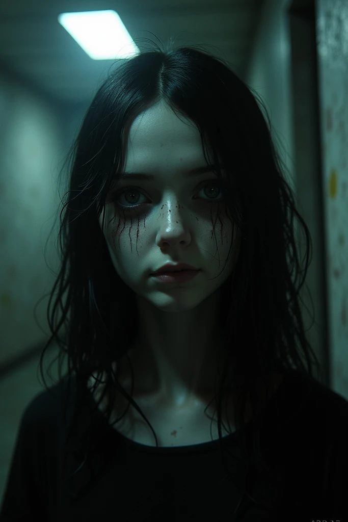 a creepy girl hiding in a liminal closet, weirdcore, cinematic lighting, dark and unsettling atmosphere, gothic architecture, photorealistic, best quality, 8k, chiaroscuro, gloomy colors, dramatic shadows, ominous mood, unsettling ambiance, detailed facial features, long hair, pale skin, wide eyes, sinister expression, haunting presence