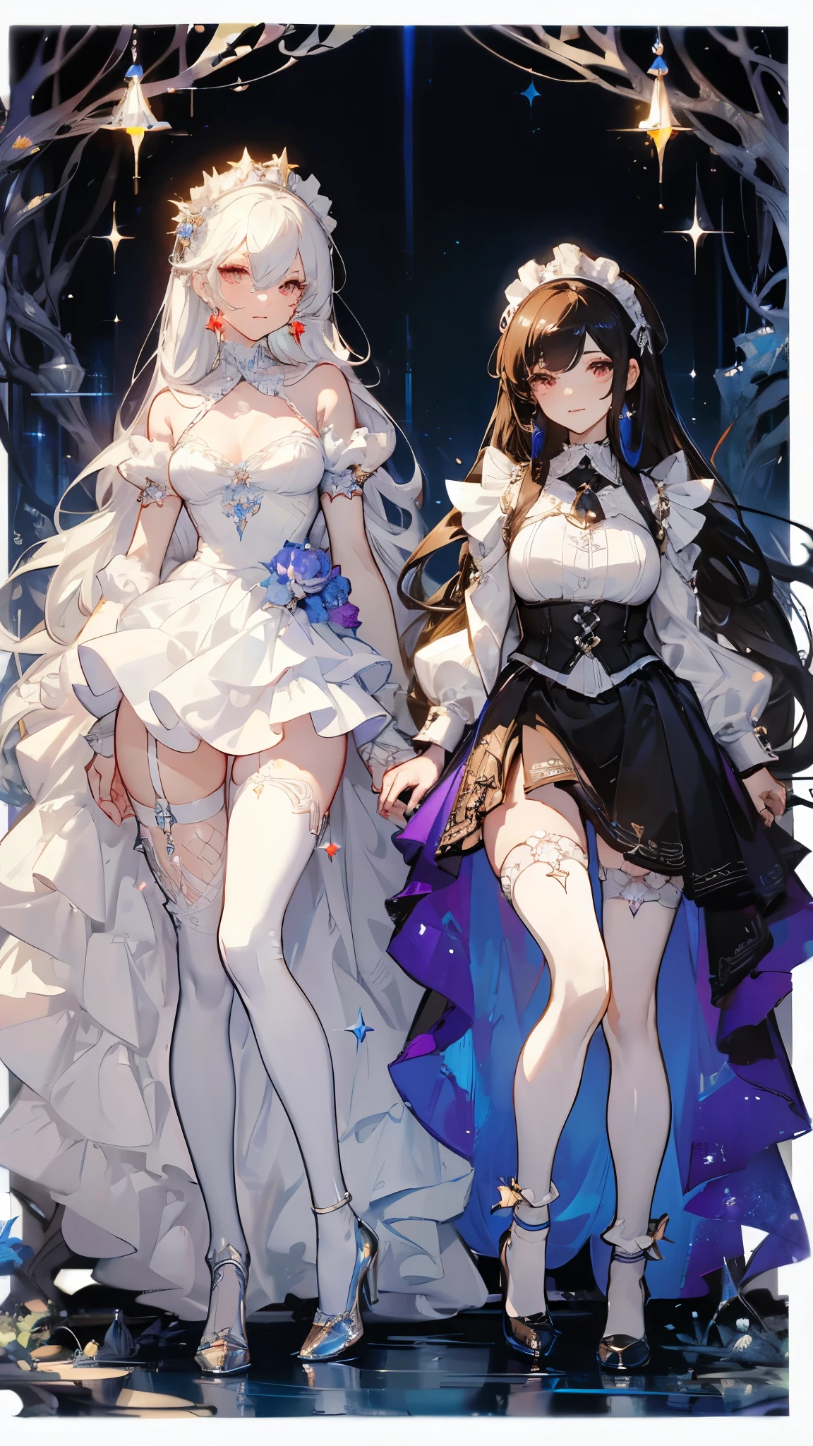 Genshin Impact original character (Fontaine). Adult woman, long silver hair, black eyes, black and blue corporate suit, non-revealing clothing, silver jewelry, hydro (water) Fontaine vision on her wrist, serious and serene expression, crystal necklace