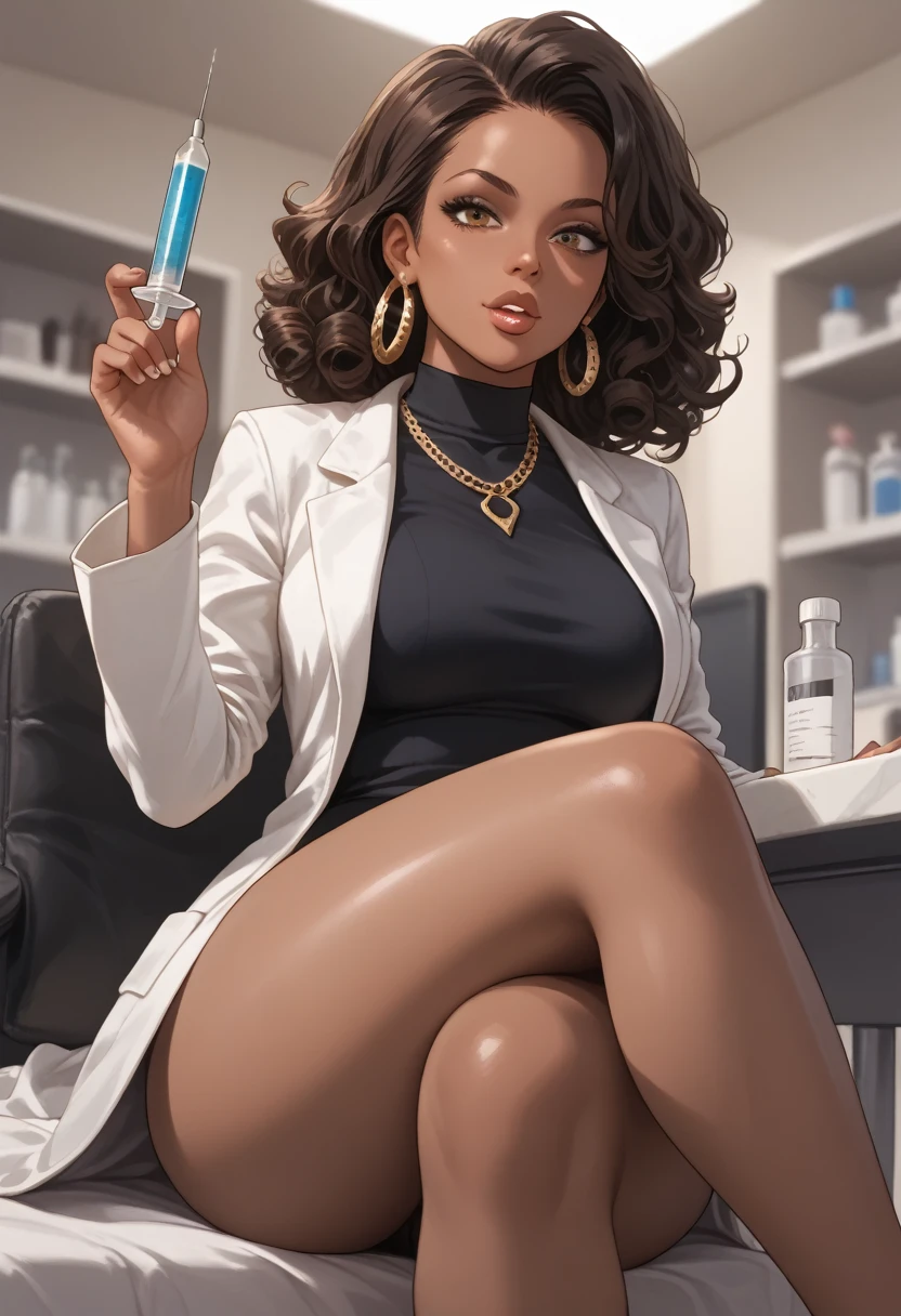 Almond-eyed Dark Mocha-skin tonned African-American woman with Short dark curly hair, juicy lips, a large chest, thick thighs, Perfect hands, and perfect feet . She is wearing a lab coat and holding a syringe while  She seductively bites her bottom lip