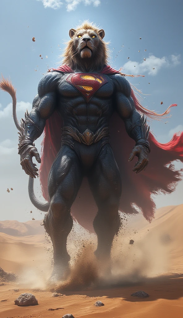 A massive hybrid creature with a bodybuilder's muscular physique, inspired by Superman's strength. Its body is adorned with the iconic blue costume and a glowing 'S' emblem on its chest. The lion retains its majestic head, with a thick mane dramatically flowing. It hovers mid-air in an upright position, appearing as though standing powerfully without touching the ground. A vibrant red cape flows dramatically behind it, billowing in the wind, symbolizing its heroic essence. Small debris floats around it, and desert sand gently drifts in the air, enhancing the dramatic effect. The background features a vast desert with rolling sand dunes, a clear blue sky, and a few thin clouds parting in the distance, creating an epic and striking scene.