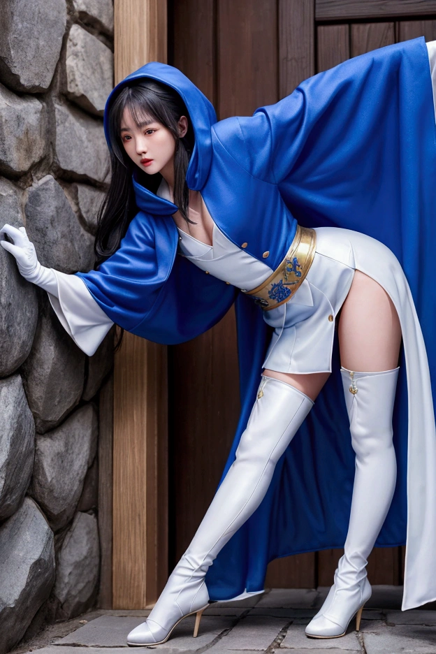 South korea women mystery hooded on with modern royal Blue coat with long and wide sleeves with buttons and royal Blue cape and very high white heel over the knee and white gloves, As she reveals a small secret hidden blade coming from his palm , adding to the character's mysterious and agile appearance, with small movements of air on the cape, jump from roof to roof, in summer at night under the rain,medieval south korea house. sophisticated and highly detailed, ultra hd, realistic, hyper detailed, enhanced colours, ultra sharp focus, with vibrant, rich in details High quality, gorgeous, captivating, 8k, super detailed, stunning shadows, detailed lines, blood stain on coat and gloves, corpses in the street recently murdered