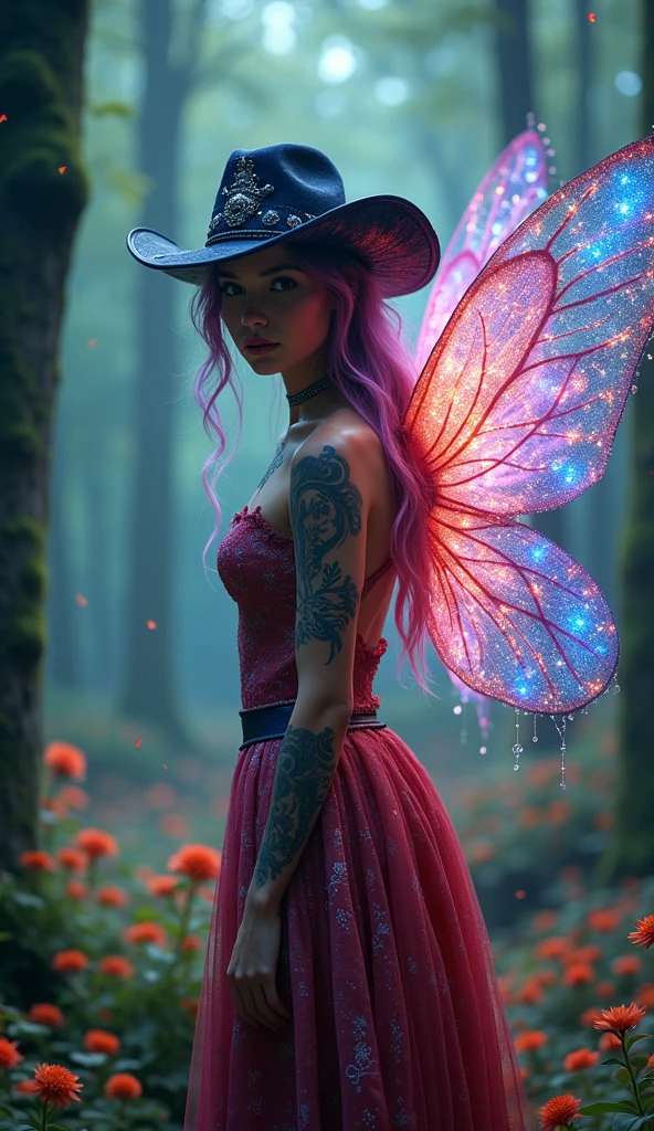a picture of a fairy resting in a rainbow colored flower meadow, full body, an exquisite beautiful (ultra detailed, Masterpiece, best quality: 1.4) female fairy, dynamic angle (best detailed, Masterpiece, best quality), best detailed face (best detailed, Masterpiece, best quality: 1.5), ultra feminine (best detailed, Masterpiece, best quality), (white butterfly wings: 1.3)  butterfly_wings, red hair, long hair, braided hair, dynamic eyes color, (wearing latex corset: 1.4), red corset, (black high heeled boots: 1.4), resting in  colorful flower meadow, sun rising,  high details, fantasy art, RPG art best quality, 16k, [ultra detailed], masterpiece, best quality, (ultra detailed), full body, ultra wide shot, photorealistic,