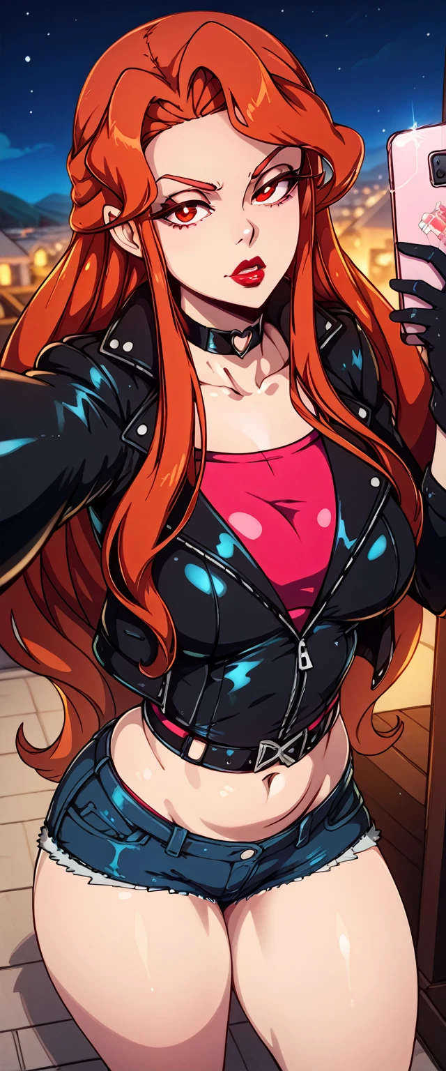 score_9, score_8_above,
Lenore     (castelovania),  red hair,   long hair   ,   red eyes  , (:1.1),    black leather jacket, red lipstick, Cuspe choker ,(((  short and tight denim shorts))), leather gloves,  exposed legs   ,  thick thighs  ,    Knee-high,   bright, oily skin  ,
Selfie,focus only,      Lee's half-closed eyes,    serious expression   ,
,magical glow, Precise Anatomy,   VIBRANT COLORS    ,Night outdoors