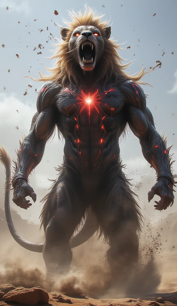 A massive lion hybrid with a bodybuilder’s muscular physique, inspired by Spider-Man. Its body is adorned with glowing red and blue web-like patterns. The lion stands upright like a human, with its thick mane blowing in the harsh desert winds. Its movement is limited to its stance, but its aura of fury is palpable—its glowing eyes, muscles tense as if ready to strike. Small debris floats in the air, and sand swirls around its strong legs. The creature radiates an intimidating presence, as if it could pounce at any moment.