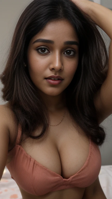 from top view, closeup portrait of anikhas, extreme closeup face, srxy crop top, in bedroom, selfie, ultrarealsitic, body closeup,  close up body shot, cleavage and navel , glossy lips