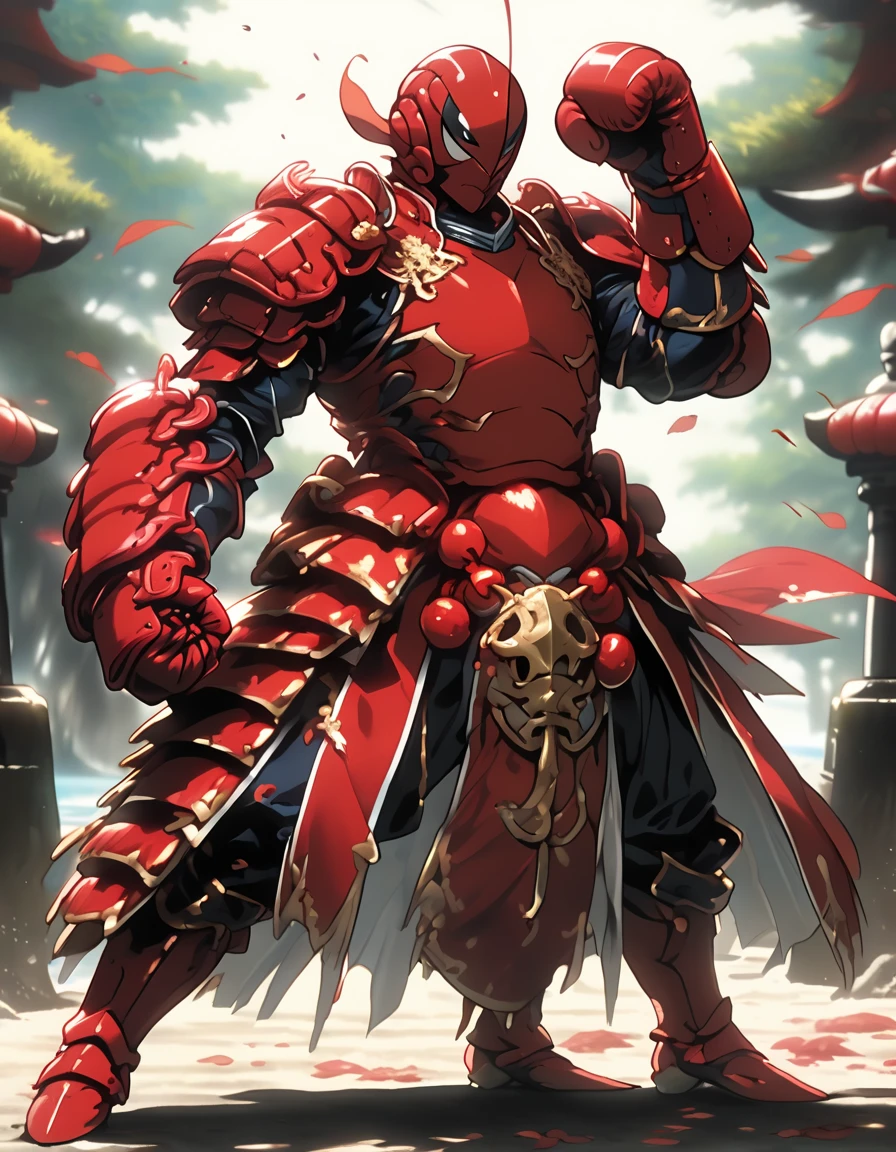 The Phantom of the Partridge 、 Japanese-style armor with a bright red body、 boxing gloves covered with crustacean shells、 full body shot