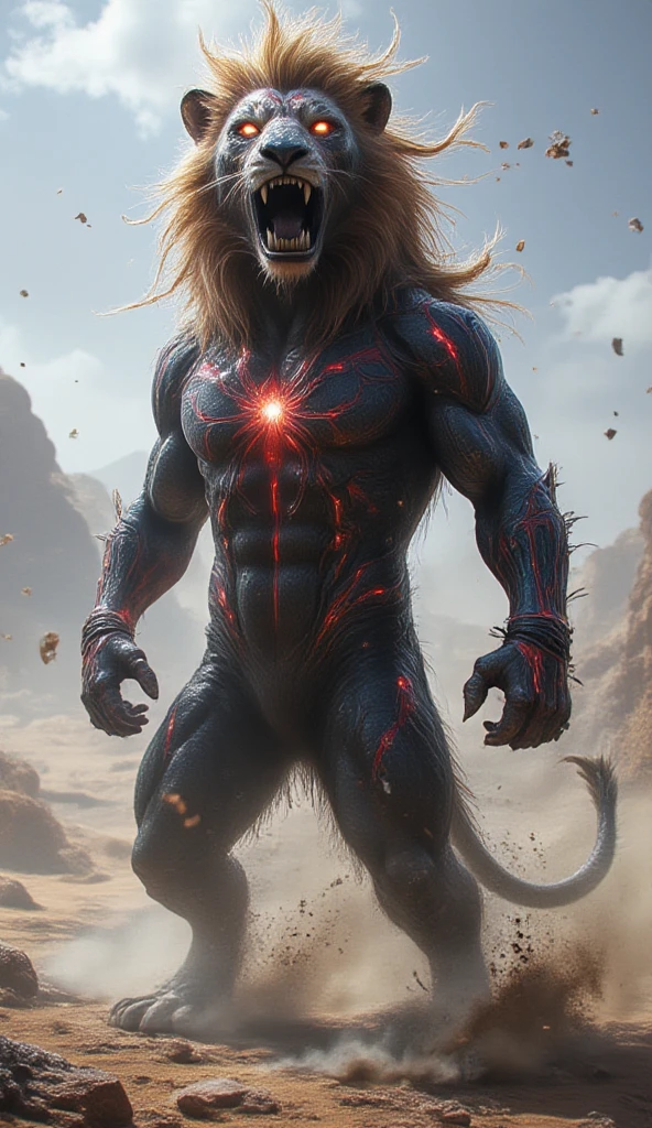 A massive lion hybrid with a bodybuilder’s muscular physique, inspired by Spiderman. Its body is adorned with glowing red and blue web-like patterns. The lion stands upright like a human, with its thick mane blowing in the harsh desert winds. Its movement is limited to its stance, but its aura of fury is palpable—its glowing eyes, muscles tense as if ready to strike. Small debris floats in the air, and sand swirls around its strong legs. The creature radiates an intimidating presence, as if it could pounce at any moment.