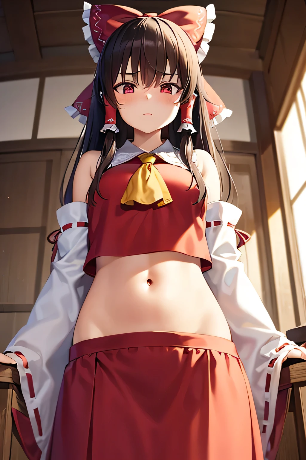 super fine illustration, vibrant colors, masterpiece, sharp focus, best quality, depth of field, cinematic lighting, ultra detailed, belly, navel, tummy, shrine maiden, hakurei reimu, 1girl, hair bow, ascot, hair tubes, detached sleeves, looking down, red shirt, red skirt, long skirt, very long hair, dark brown hair, mature woman, hakurei reimu, 1girl, hair bow, ascot, hair tubes, miko, detached sleeves, Reimu Hakurei, makeup, annoyed, indoors, looking down, 