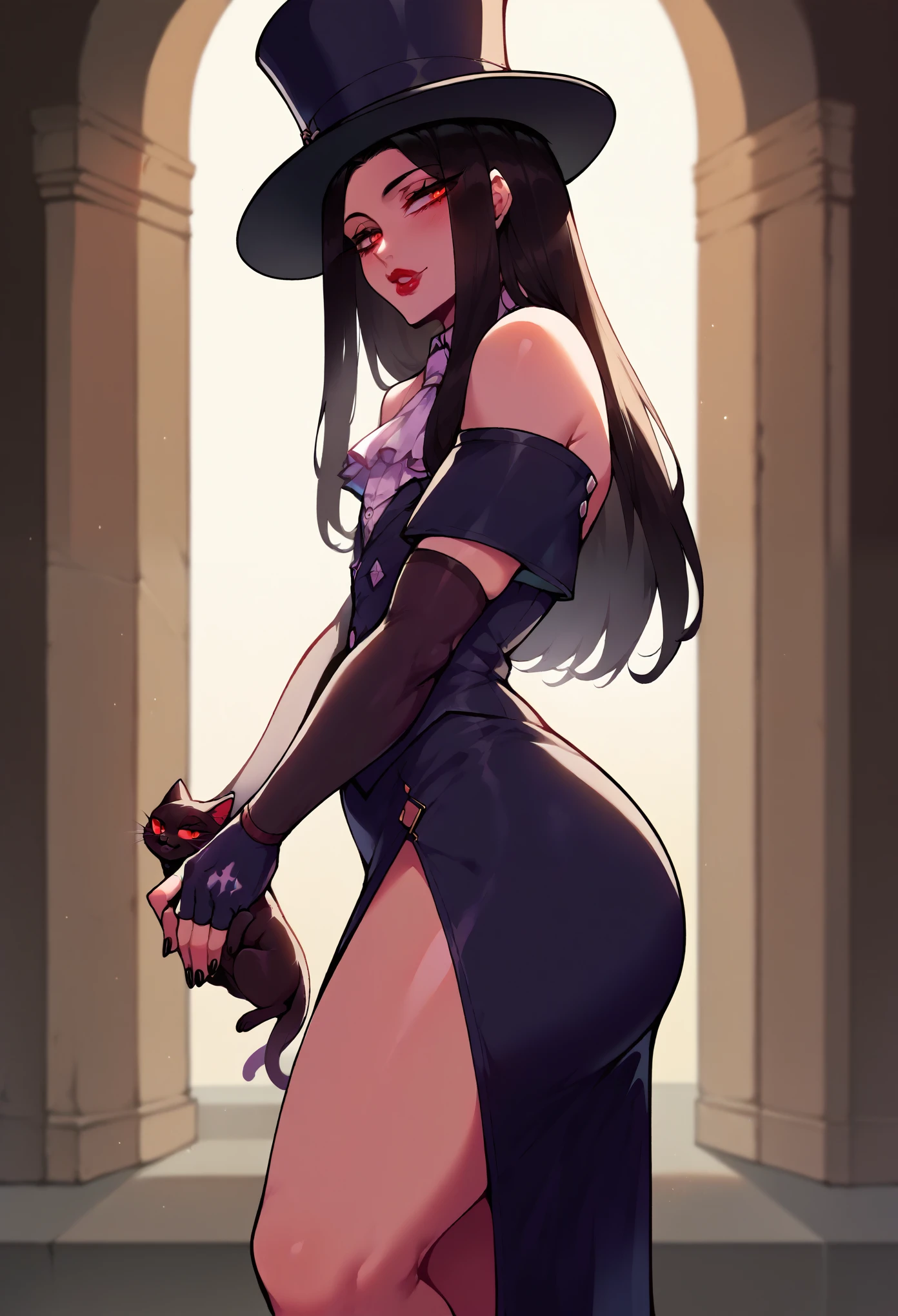 (score_9, score_8_up, seductive face, seductive expression, tall), holding cat, from side, ggtestament formal, androgynous male, black sleeves, detached sleeves, ascot, top hat, long black skirt, side slit, fingerless gloves, bare shoulders, big ass, black nails, black hair, puffy lips, wide hips, red eyes, soft lighting, village slums, shadow, Nyantcha style, source_anime, 