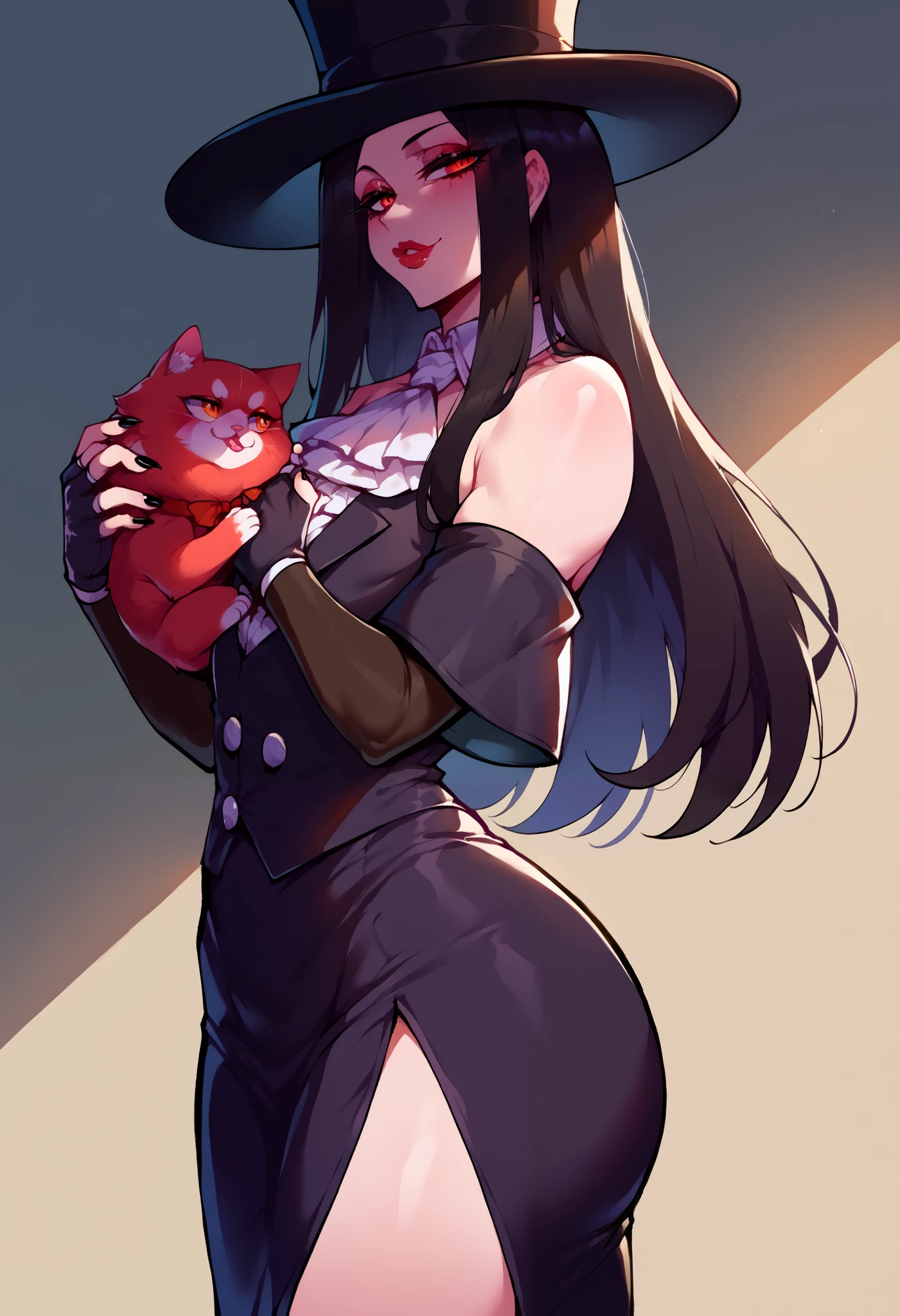 (score_9, score_8_up, seductive face, seductive expression, tall), holding cat, from side, ggtestament formal, androgynous male, black sleeves, detached sleeves, ascot, top hat, long black skirt, side slit, fingerless gloves, bare shoulders, big ass, black nails, black hair, puffy lips, wide hips, red eyes, soft lighting, village slums, shadow, Nyantcha style, source_anime, 