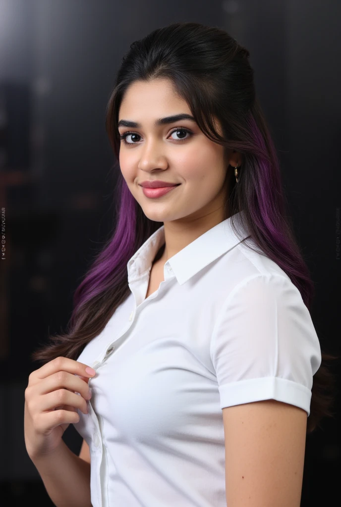 kriti:1.3,Masterpiece,1girl,solo,light smile,((sexy dark skin)),white shirt,modern school uniform,accessories,2 tone hair color in purple and black,unique hairstyle,stylish,black background,(best quality,4k,8k,highres,masterpiece:1.2),ultra-detailed,(realistic,photorealistic,photo-realistic:1.37),HDR,UHD,studio lighting,ultra-fine painting,sharp focus,physically-based rendering,extreme detail description,professional,vivid colors,bokeh,portrait