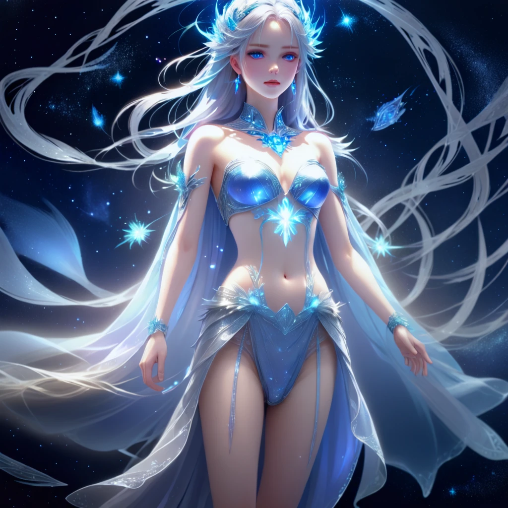 A captivating anime illustration of a celestial beauty, with long, flowing blonde hair and piercing blue eyes that seem to hold a secret. The character is adorned with a dazzling array of diamonds, creating a mesmerizing effect. She kneels barefoot on a reflective, metallic surface, exuding a futuristic, otherworldly aura. The pristine white background accentuates her divine presence and contrasts with her ethereal glow. As she gracefully crawls towards the camera, her enigmatic smirk invites the viewer into her enchanting world, a place where grace and power intertwine.