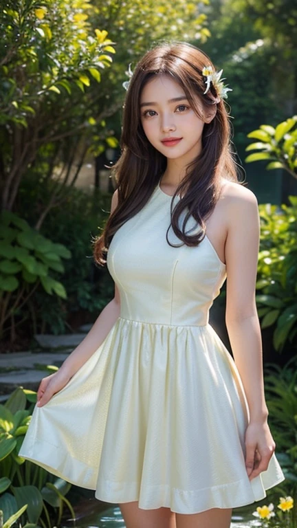 ((((highest quality))))、(((Ultra-precision CG16K wallpaper)))、(((masterpiece)))、(((Super detailed)))、(((super extreme details)))、1people's women、mature woman、25 year old woman、((Japanese face))、((very beautiful face))、((Minami Tanaka:1.5))、((Soft wave semi-long hair:1.3))、(shiny hair)、bangs up to eyebrows、beautiful brown hair、beautiful delicate eyes、brown eyes、raised eyebrows、high nose、small nostrils、small mouth、seductive lips、mouth slightly open、beautiful breasts、C cup size breasts、cleavage、plump body、perfect proportions、perfect anatomy、perfect composition、beautiful detailed shading、beautiful natural lighting、beautiful detail glow、Depth of the bounds written、(((High chroma)))、(((real:1.9)))、((vivid:1.4))、((beautiful skin))、((skin texture))、((realな皮膚感))、(((cowboy shot:1.5)))、((Angle seen from the front:1.5))、((smile:1.4))、(Eyes looking at me:1.3)、bright sunshine、(((lawn square:1.3)))、(standing pose:1.5)、(((Beige lace double slit mini dress:1.5)))、