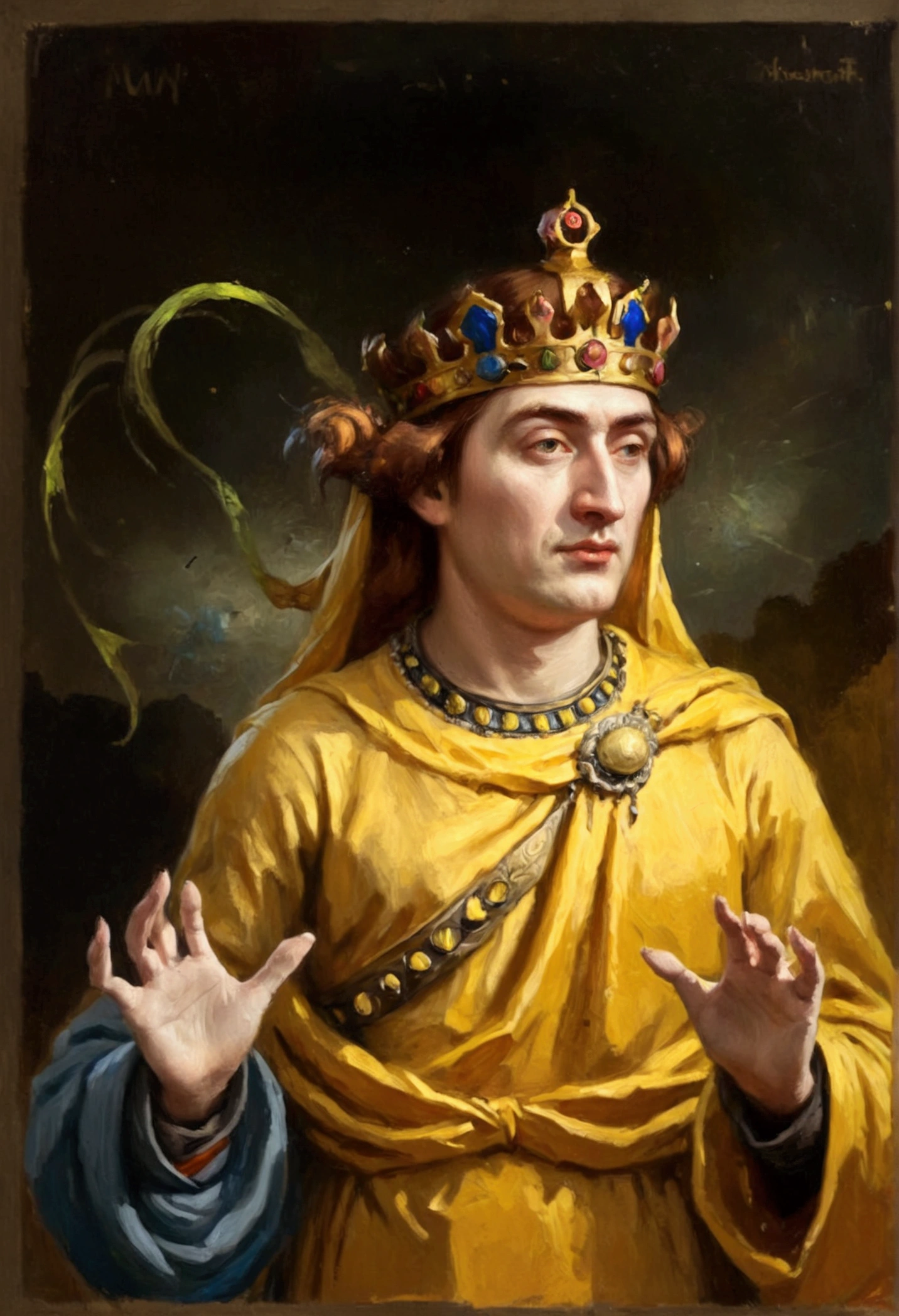 A painting of hastur the king in yellow, yellow-robed, beautiful male ,king in yellow, hastur the king in yellow, , portrait of hastur the king in yellow, the king in yellow,honoring hastur the king in yellow artwork, portrait of the god hastur,hastur,galactic deity, concept art of hastur the king in yellow, peter mohrbacher style,