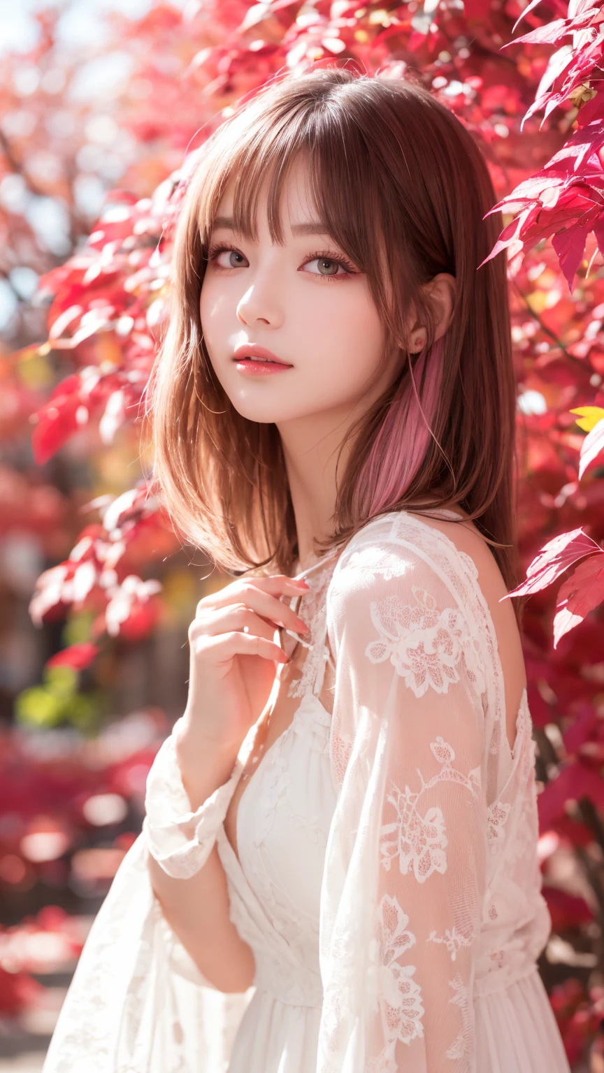  light pink hair ,  pink eyes,  pink and white , Cherry leaves,  bright color ,  white dress,  paint splashes ,  simple background,  ray tracing,  wavy hair