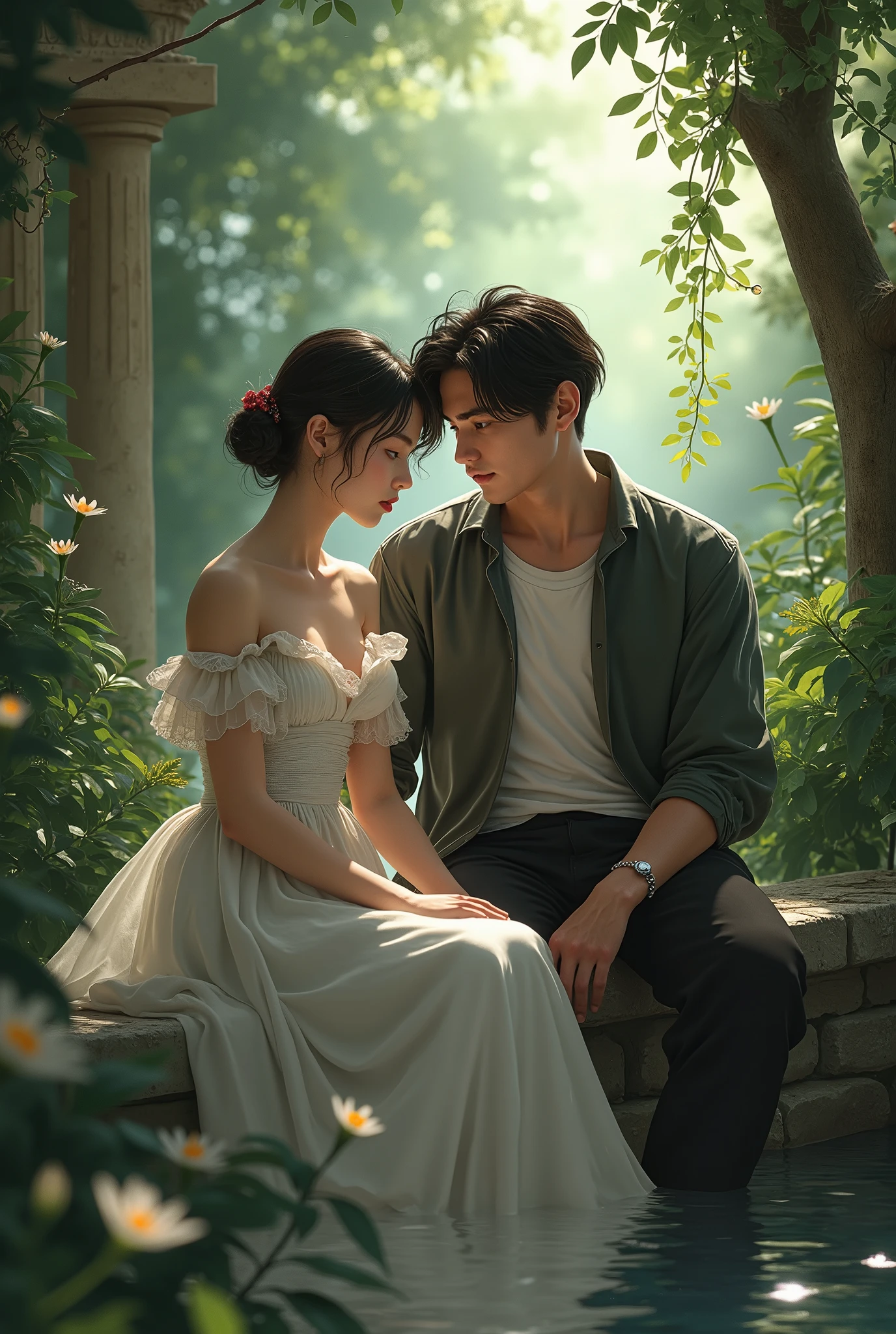 Morning of a sunny day of Spring in a flowery garden, with birds and insects. Pink roses with lady bugs and bees on them on slightly blurred first plane
Under a whitethorn bush a couple of boy and girl are laid, they are leaning to each other, both dressing clear colours and conservative clothes. The girl has long dark braids and wears a floral tiara, the boy's hair is messy and shoulders long. Illuminated by natural light.