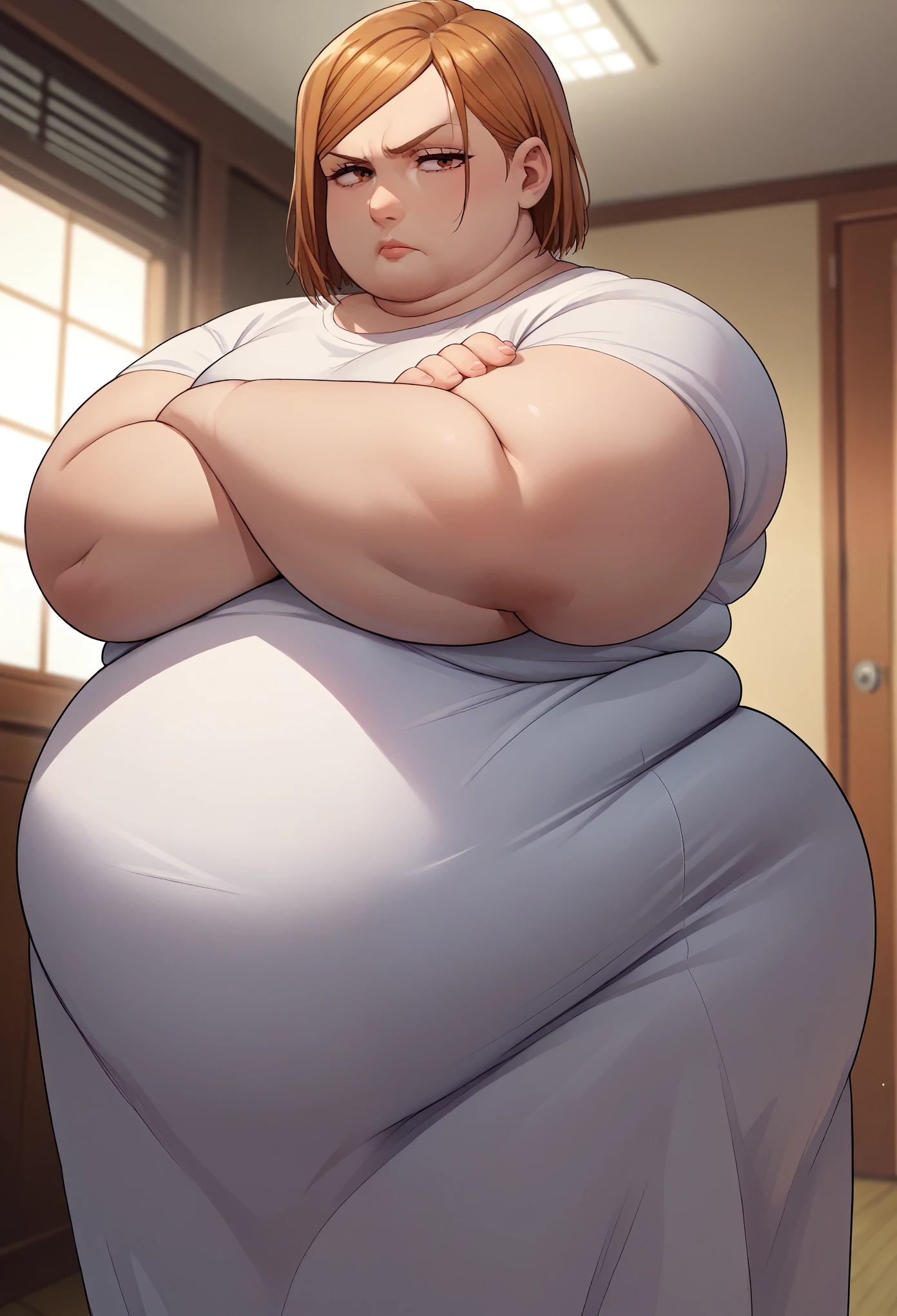 score_9, score_8_up, score_7_up, source_anime, solo, 1girl, kugisaki nobara, unamused, looking at viewer, crossed arms, white dress, short sleeves, indoors, fat, chubby, obese 