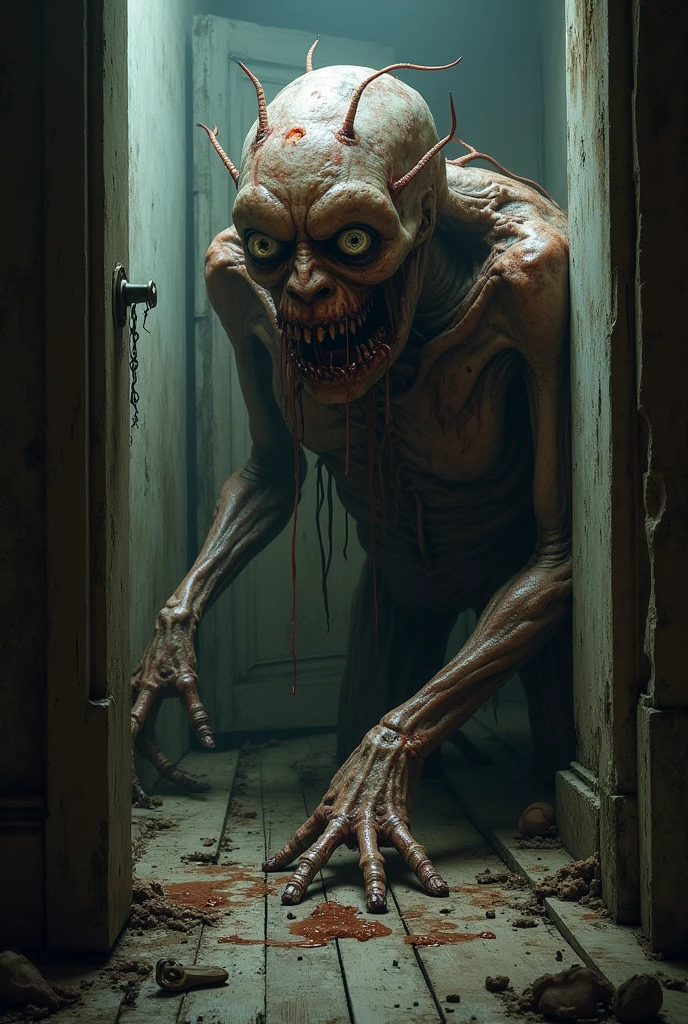 (8K, RAW photos, best quality, masterpiece: 1.4), (((Goblins)))，Ultra-high resolution, Extremely detailed, light, Upper body close-up, 阴森的Goblins, White eyes, (Eyes of fear, Eyes are bright:1.2), horrifying,dark, High-quality shadows, Natural Lighting, (White highlights:1.2), night, cloudy day, (at home:1.2), (Floating:1.2)