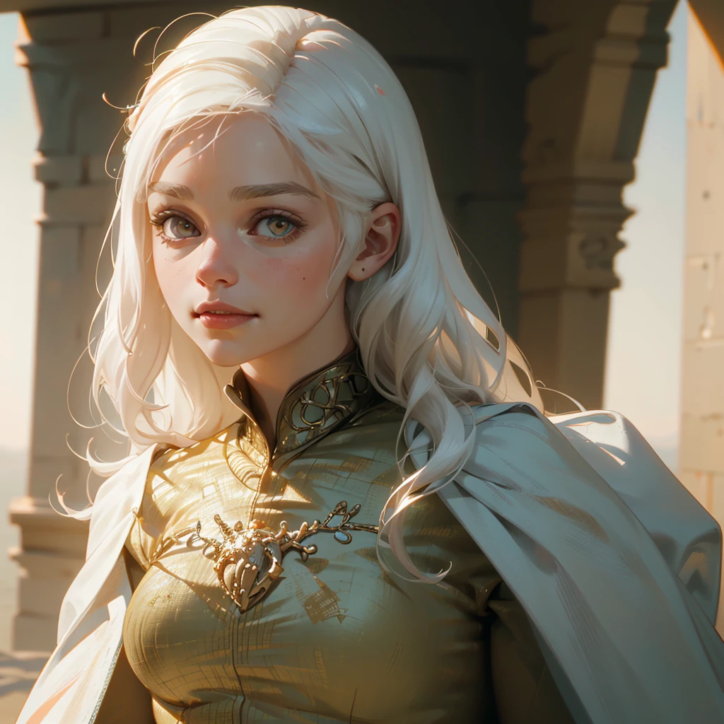 ((ultra detailed, masterpiece, absurdres))
 GOTDaenerys, 1girl, white hair, long hair, portrait, gold eyes, smirk, confident, Looking at viewer, small smile