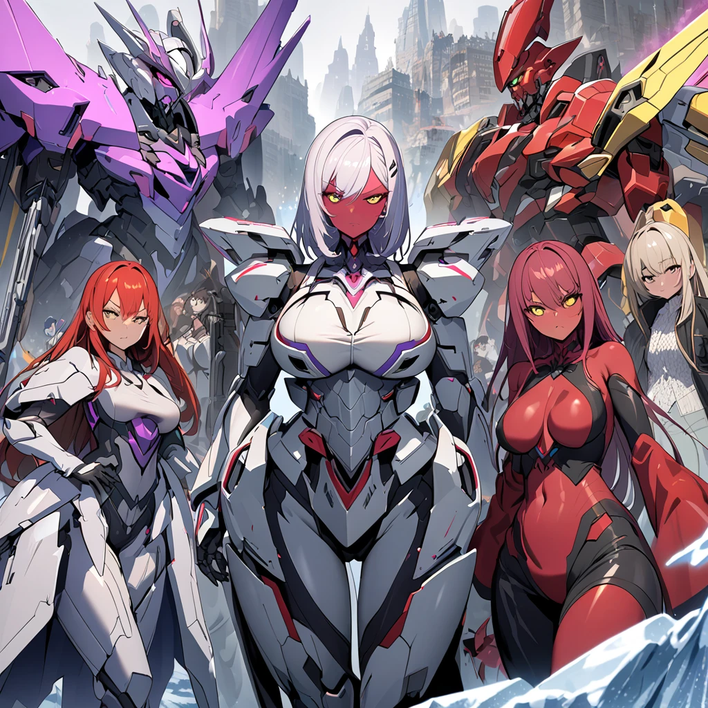 Anime, high detailed, multiple womans, mature womans, mecha armor, large mechanical wings, serious, large clawed Gauntlet, red skin, curvy body, long mechanical tail,pink sclera、Colored sclera、crimson Colored skin、Yellow Eyes, elongated pupils,  Mature Woman、rosy-purple aura、womans surrounding, background a frozen-solid city