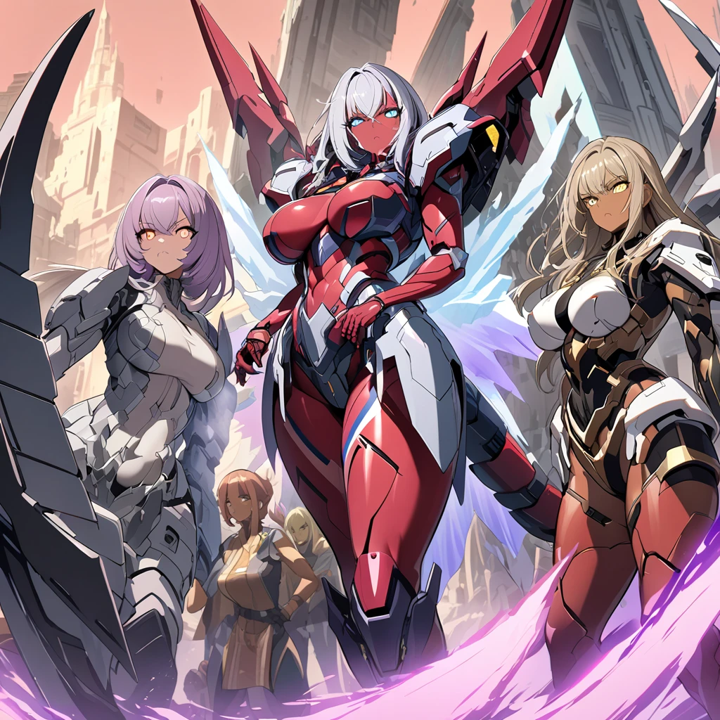 Anime, high detailed, multiple womans, mature womans, mecha armor, large mechanical wings, serious, large clawed Gauntlet, red skin, curvy body, long mechanical tail,pink sclera、Colored sclera、crimson Colored skin、Yellow Eyes, elongated pupils,  Mature Woman、rosy-purple aura、womans surrounding, background a frozen-solid city