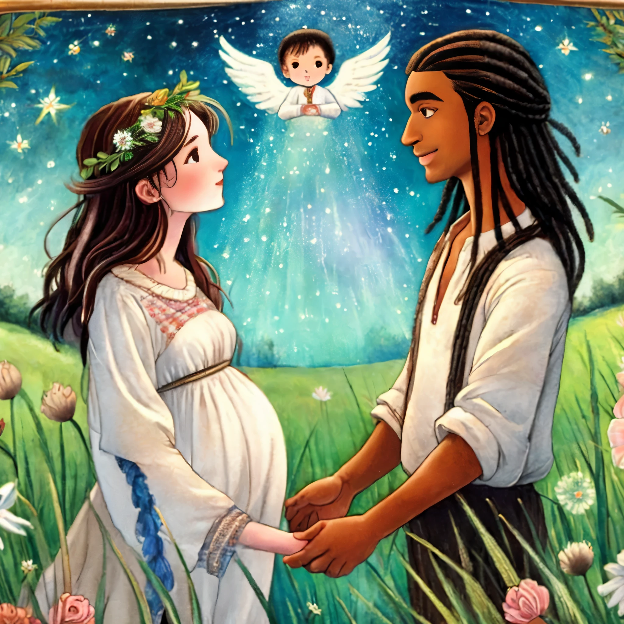 Masterpiece, best quality, very detailed, there’s a couple - 1man and 1woman, they are holding hands, they look at each other and smile, man has tanned skin, full lips, big brown eyes, long dark dreadlocks, woman is pregnant, she has white skin, big brown eyes, middle length brown hair, they both are very beautiful, their faces are extremely detailed, they wear modern cozy clothes, there’s an angel in the sky, looking like a cute baby boy with brown hair and big brown eyes, smiling, the night sky is full of stars, field is filled with grass and flowers, cozy colorful illustration from a ren’s book, nighttime