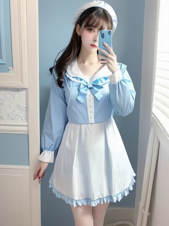 there is a woman that is taking a picture of herself in a mirror, pale blue outfit, pale blue, white and pale blue toned, pastel blue, blue outfit, frilly outfit, loose coat collar sailor uniform, fantasy outfit, kawaii style, light blue and white tones, blue clothes, cute kawaii girl, white and pale blue, kawaii shirt and jeans