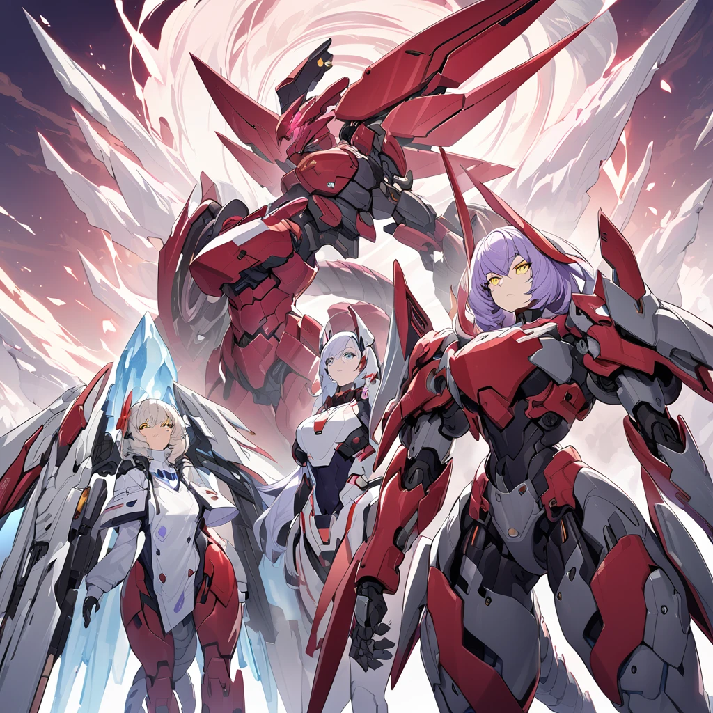 Anime, high detailed, multiple womans, mature womans, mecha armor, large mechanical wings, serious, large clawed Gauntlet, red skin, curvy body, long mechanical tail,pink sclera、Colored sclera、crimson Colored skin、Yellow Eyes, elongated pupils,  Mature Woman、rosy-purple aura、womans surrounding, background a frozen-solid city