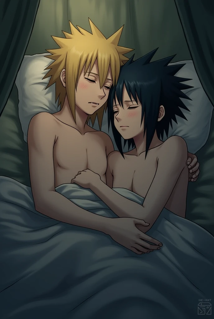 matingpress, 1girl, 1boy, lying on back, vaginal,mating press, hinata (naruto), dark blue hair, white eyes,, side view,  genin