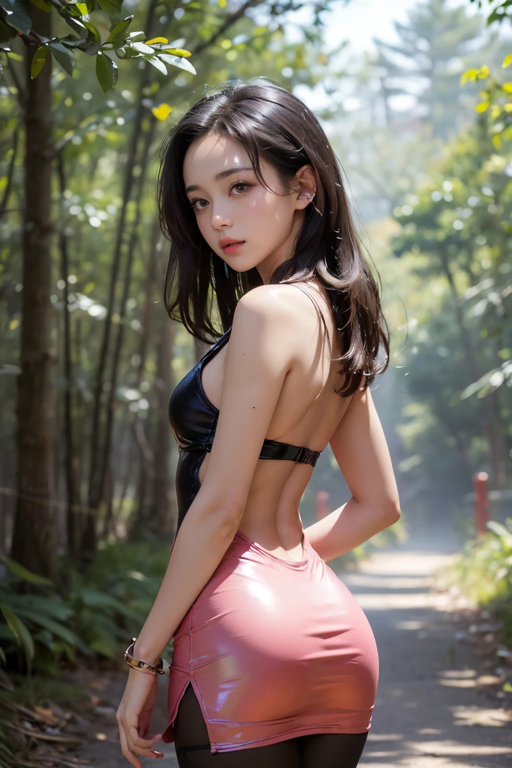 An innocent 20-year-old girl, ((black Bodystocking, Dramatic Pose)),smile, (High Ponytail),natural Park、RAW Photos, (8k, highest quality, masterpiece:1.2), (Intricate details:1.4)、(Photorealistic:1.4), Octane Rendering, Complex 3D rendering with ultra-detail, Studio Soft Light, Rim Light, Vivid details, Super Detail, Realistic skin texture, Detailed aspect, Beautiful details in the eyes, Highly detailed CG Unity 16k wallpaper, compensate, (Detailed Background:1.2), Glowing Skin, whole body, ((thin legs)), small waist, Cleavage,((Standing with hands behind back)), from above