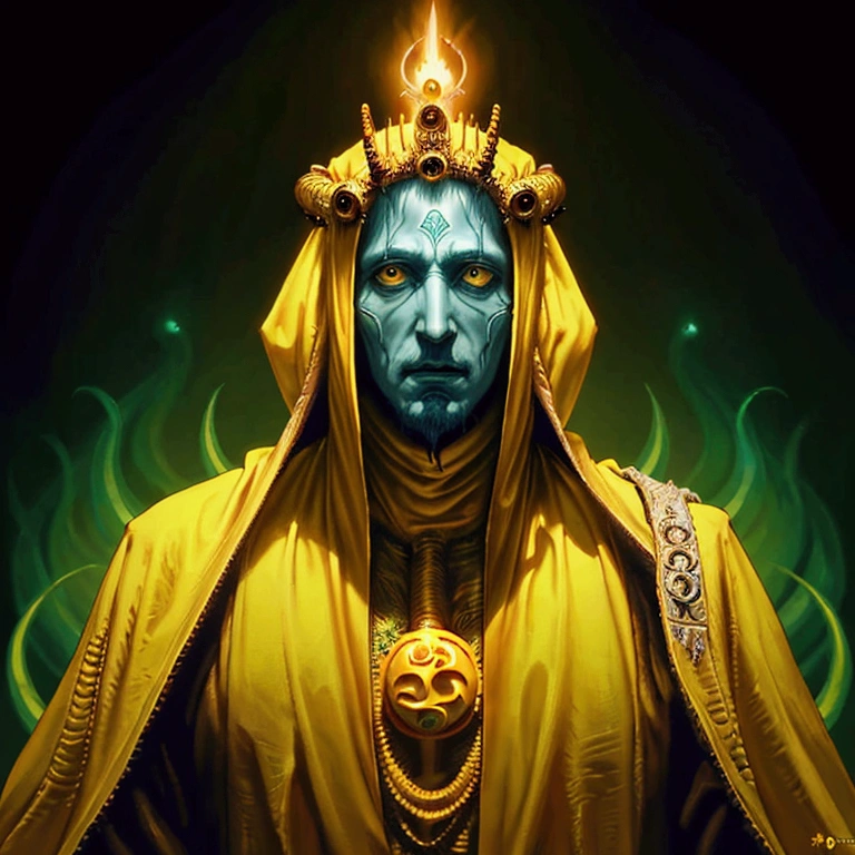 A painting of hastur the king in yellow, yellow-robed, beautiful male ,king in yellow, hastur the king in yellow, , portrait of hastur the king in yellow, the king in yellow,honoring hastur the king in yellow artwork, portrait of the god hastur,hastur,galactic deity, concept art of hastur the king in yellow, peter mohrbacher style,