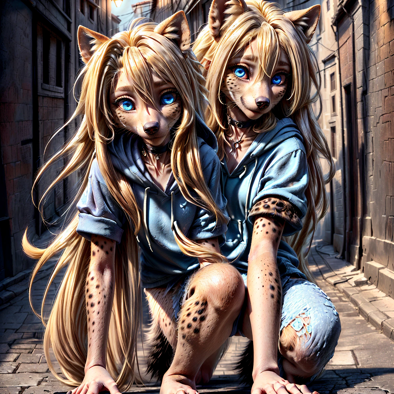 (detailed eyes:1.3), Beautiful Lighting,  (1girl:blue  eyes, blonde hair, absurdly long hair, hair intakes, (hair between eyes:1.1)),  photo realistic,
(outdoors, alley:1.3), (hoodie:1.3), black choker, short sleeves, dynamic angle, (bottomless:1.2),
 anthro hyena, (no hair:1.5), all fours,