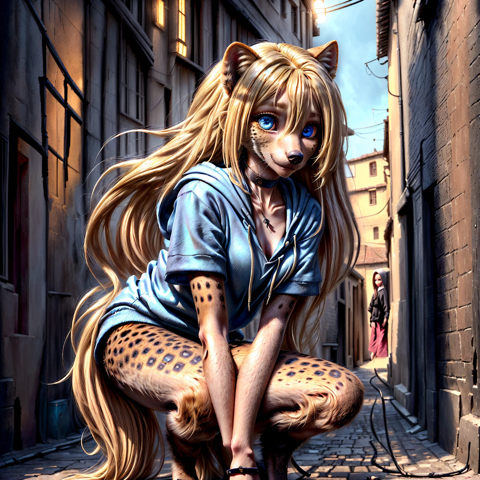 (detailed eyes:1.3), Beautiful Lighting,  (1girl:blue  eyes, blonde hair, absurdly long hair, hair intakes, (hair between eyes:1.1)),  photo realistic,
(outdoors, alley:1.3), (hoodie:1.3), black choker, short sleeves, dynamic angle, (bottomless:1.2),
 anthro hyena, (no hair:1.5), all fours,