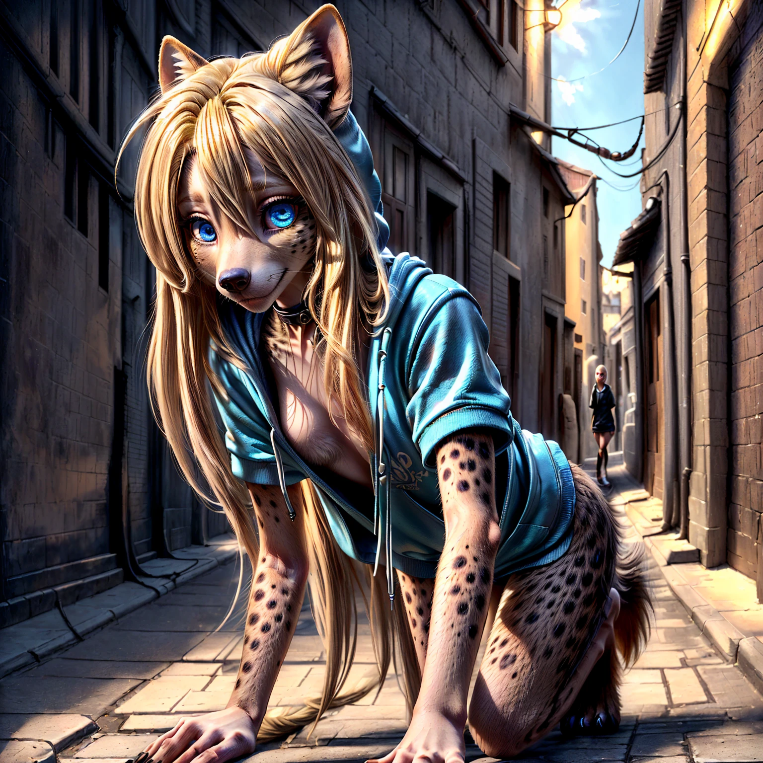 (detailed eyes:1.3), Beautiful Lighting, (1girl:blue eyes, (hair between eyes:1.1)), photo realistic, (outdoors, alley:1.3), (hoodie:1.3), black choker, short sleeves, dynamic angle, (bottomless:1.2), anthro hyena, (no hair:1.5), all fours, breasts, large breasts,