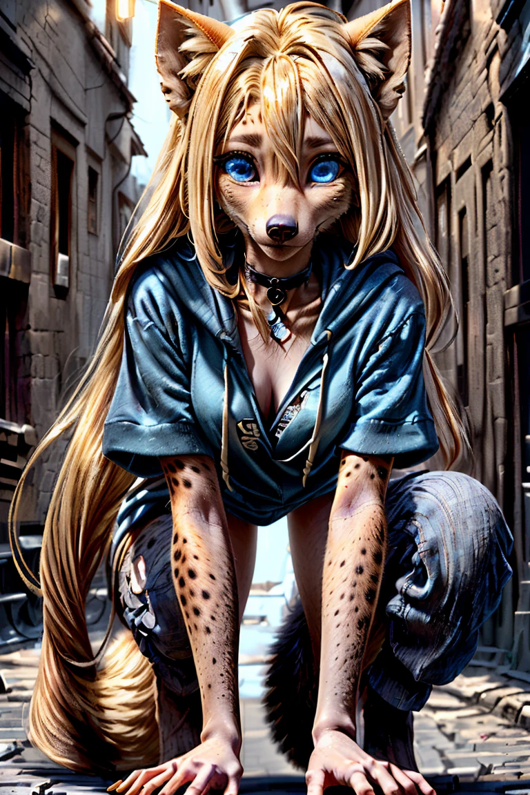 (detailed eyes:1.3), Beautiful Lighting,  (1girl:blue  eyes, blonde hair, absurdly long hair, hair intakes, (hair between eyes:1.1)),  photo realistic,
(outdoors, alley:1.3), (hoodie:1.3), black choker, short sleeves, dynamic angle, (bottomless:1.2),
 anthro hyena, (no hair:1.5), all fours,