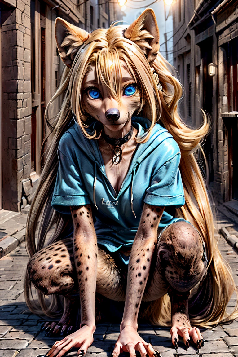 (detailed eyes:1.3), Beautiful Lighting,  (1girl:blue  eyes, blonde hair, absurdly long hair, hair intakes, (hair between eyes:1.1)),  photo realistic,
(outdoors, alley:1.3), (hoodie:1.3), black choker, short sleeves, dynamic angle, (bottomless:1.2),
 anthro hyena, (no hair:1.5), all fours,