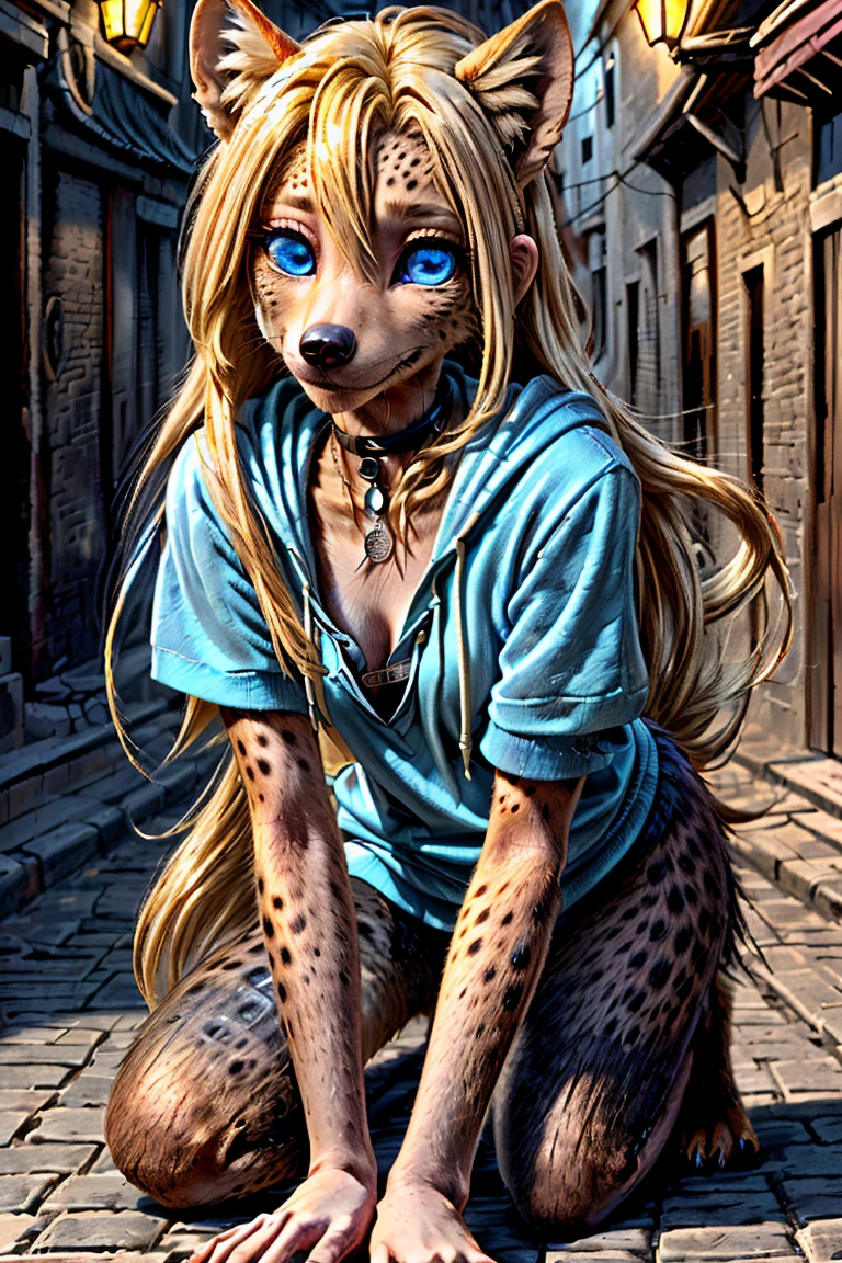 (detailed eyes:1.3), Beautiful Lighting,  (1girl:blue  eyes, blonde hair, absurdly long hair, hair intakes, (hair between eyes:1.1)),  photo realistic,
(outdoors, alley:1.3), (hoodie:1.3), black choker, short sleeves, dynamic angle, (bottomless:1.2),
 anthro hyena, (no hair:1.5), all fours,