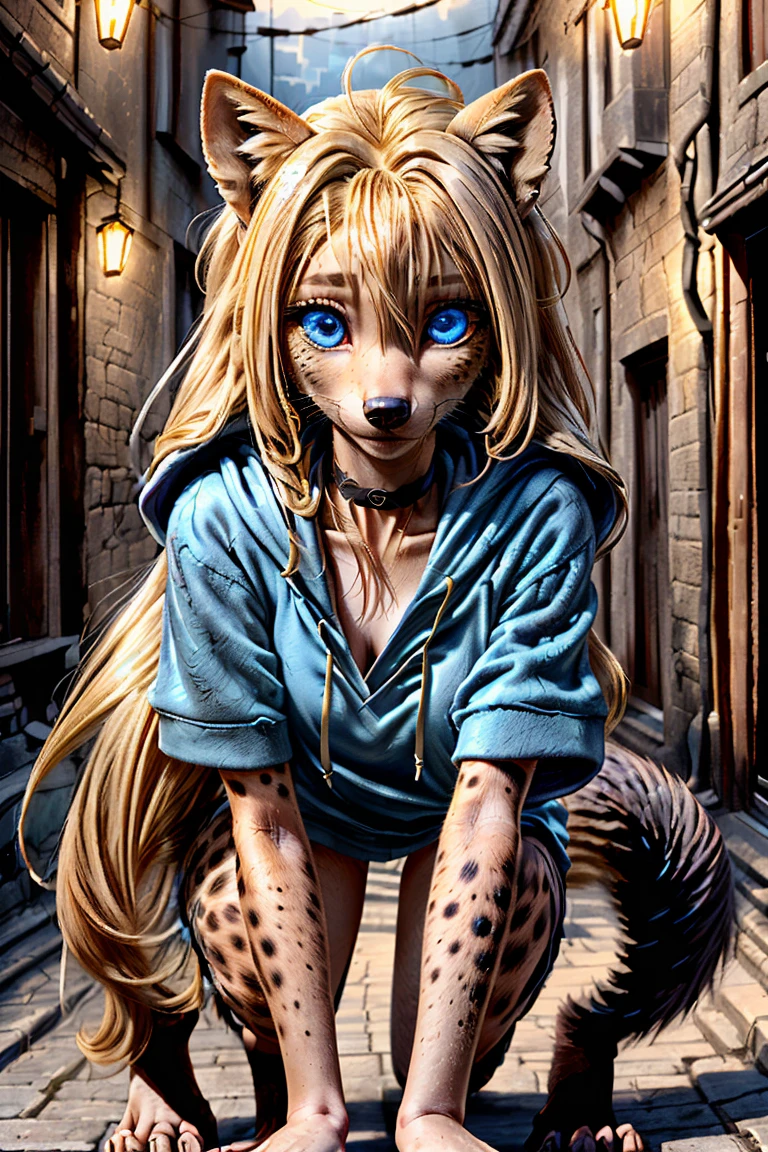 (detailed eyes:1.3), Beautiful Lighting,  (1girl:blue  eyes, blonde hair, absurdly long hair, hair intakes, (hair between eyes:1.1)),  photo realistic,
(outdoors, alley:1.3), (hoodie:1.3), black choker, short sleeves, dynamic angle, (bottomless:1.2),
 anthro hyena, (no hair:1.5), all fours,