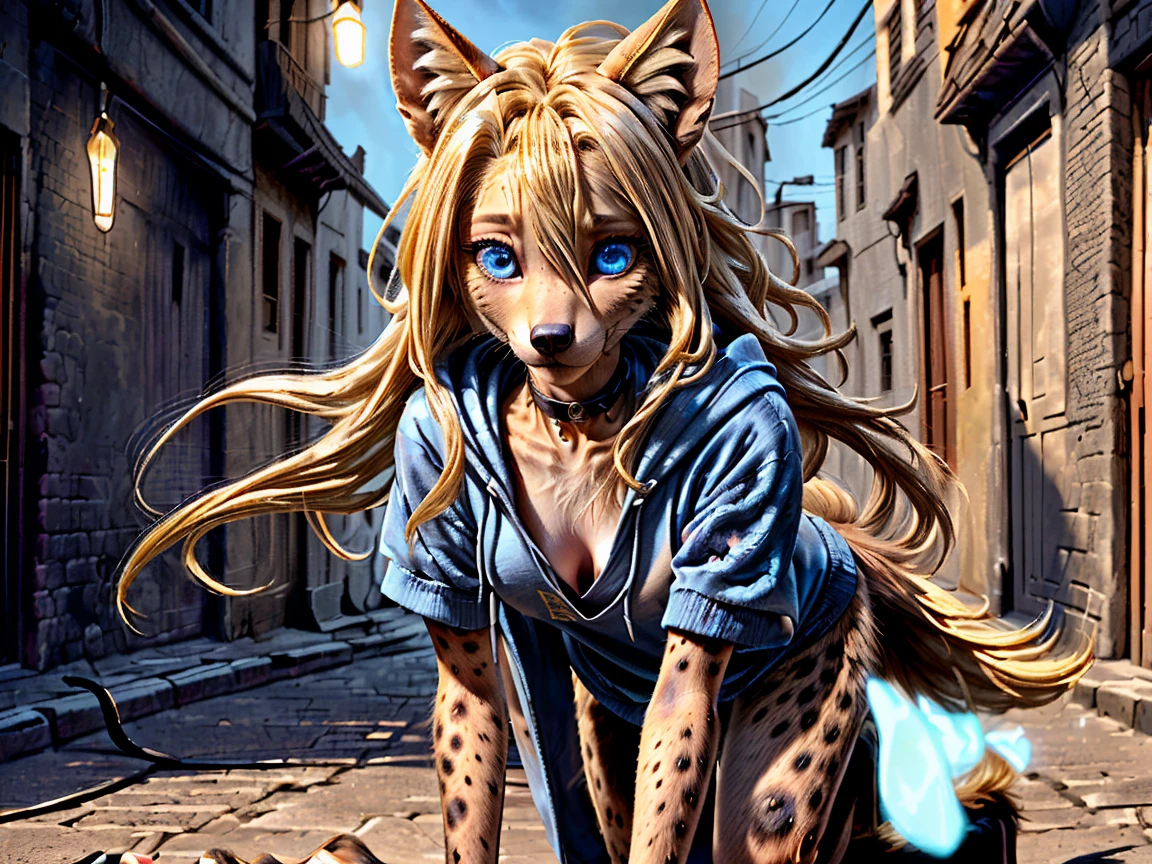 (detailed eyes:1.3), Beautiful Lighting,  (1girl:blue  eyes, blonde hair, absurdly long hair, hair intakes, (hair between eyes:1.1)),  photo realistic,
(outdoors, alley:1.3), (hoodie:1.3), black choker, short sleeves, dynamic angle, (bottomless:1.2),
 anthro hyena, (no hair:1.5), all fours,