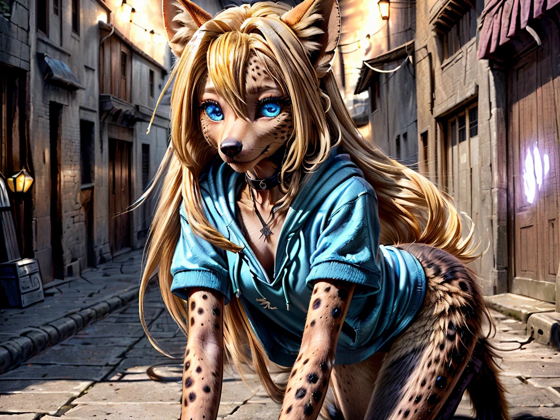 (detailed eyes:1.3), Beautiful Lighting,  (1girl:blue  eyes, blonde hair, absurdly long hair, hair intakes, (hair between eyes:1.1)),  photo realistic,
(outdoors, alley:1.3), (hoodie:1.3), black choker, short sleeves, dynamic angle, (bottomless:1.2),
 anthro hyena, (no hair:1.5), all fours,