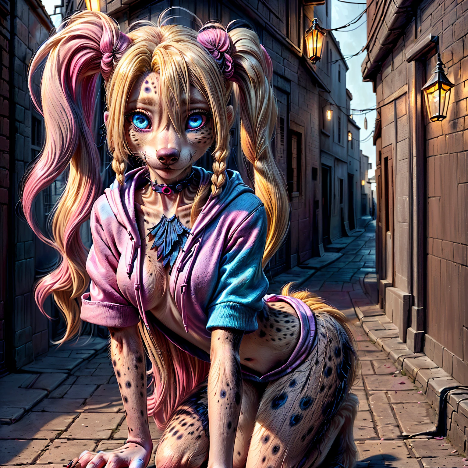 (detailed eyes:1.3), Beautiful Lighting, (1girl:blue eyes, blonde hair, absurdly long hair, hair intakes, twintails, blue and pink highlights, (hair between eyes:1.1)), photo realistic, (outdoors, alley:1.3), (hoodie:1.3), black choker, short sleeves, dynamic angle, (bottomless:1.2), Harley Quinn as an anthro hyena, (no hair:1.5), all fours,