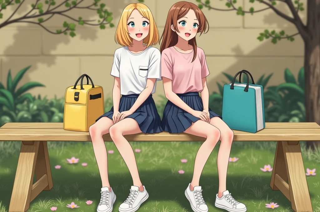 Women (Serena from Pokémon) with golden hair, a black shirt, blue eyes, sitting on a reception sofa, pink skirt, with pink purse, bare legs showing her bare feet, while smiling charmingly