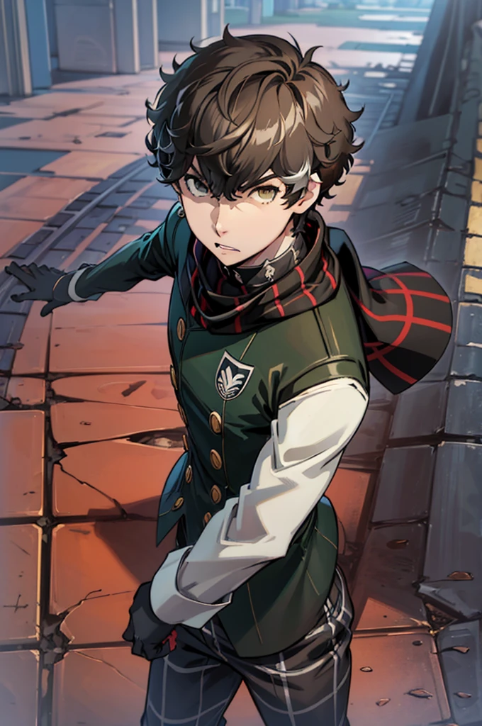 Masterpiece, High quality, High quality of art, best quality, best details, anime artstyle, 2d lineart, anime 2d lineart, Thick lines, 1 boy, male, solo, tall, White jacket, black shirt, white plaid pants, plaid gloves, fluffy dark brown hair, gray-green eyes, poseing facing camera and legs wide, Against the background of the casino, Persona 5 Style, pose:(Модель лицом к камере, ноги широко), Enough shadows, Comic style art, anime 2d lineart, anime artstyle, plaid scarf 