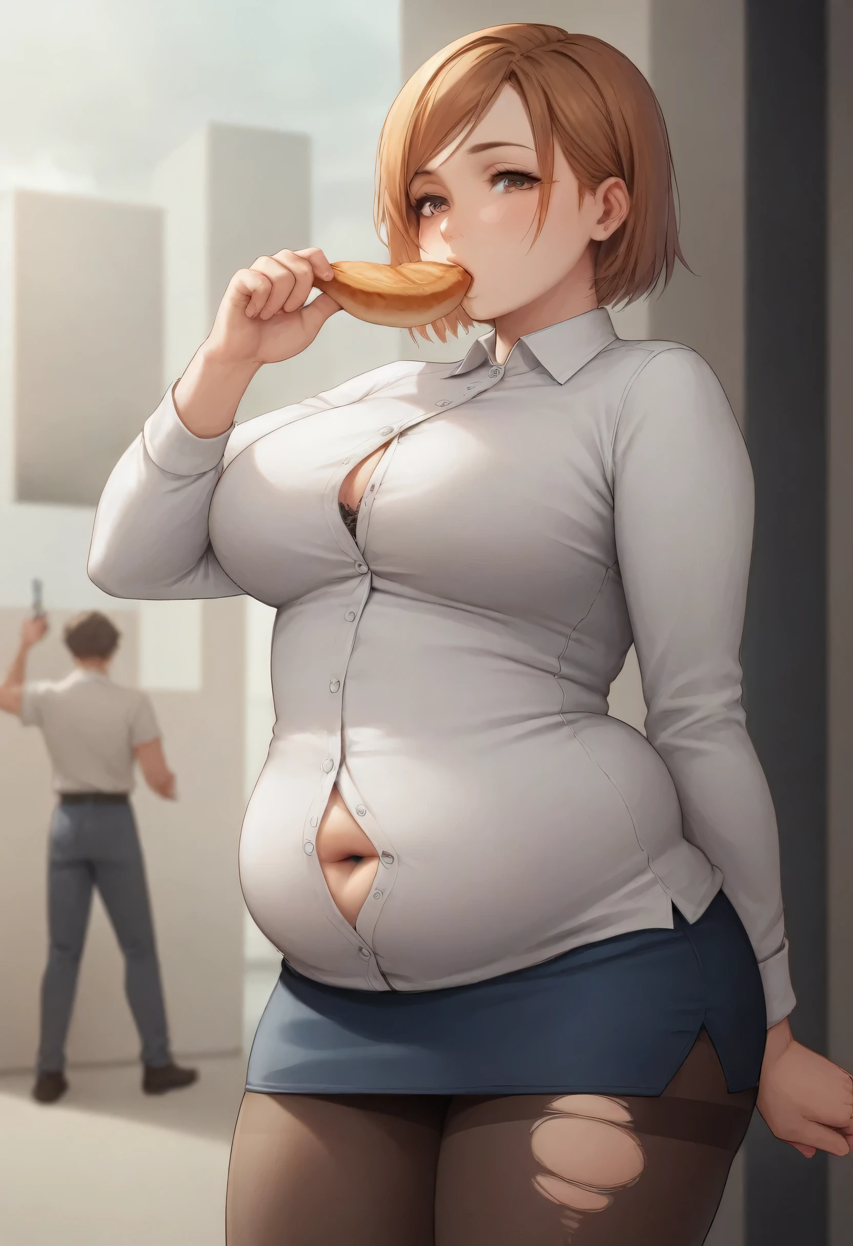 masterpiece,best quality,best details,nsfw,1 girl,short hair,brown hair,brown eyes,precise fingers,five fingers,small dress shirt,skirt,torn long black tights,ripped tights,long sleeve,plump,plump body,plump belly,plump waist,feeding facility,food storage,Kugisaki Nobara,