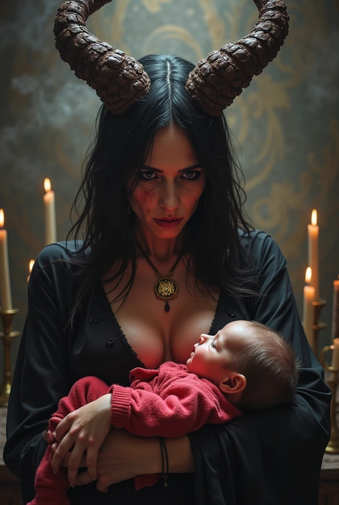 offcial art，( Unified 8K)， ultra - detailed， Beautiful and beautiful， big breasts beautiful， tmasterpiece， Best quality at best， 1girll， The woman walks towards the audience， terroral， The demons ， dentes pontiagudos， up front view， （looking at viewert），( The devil wears a white latex jumpsuit)， Black sclera， colored sclera， Colored skin， Devil Wings， Yellow eyes， ， devil horns， Fissured pupil， full bodyesbian，frontage，（Holding a baby in your arms)，(Human blood is being sucked away)，Blood dripped all over her body，(More blood：1.9),blood stain, (Blood：1.9) ,, (Blood flowed from her to the ground), Bleeding from the chest and mouth.，,Bukkake