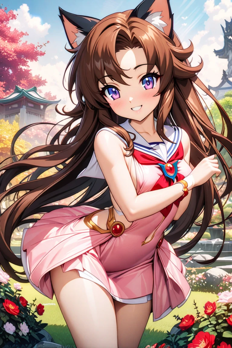 masterpiece,, symmetrical composition, 1girl, solo, dynamic ungle, choker,large_breasts, antenna_hair, jewelry,pink sailor outfit, elbow gloves,ponytail, blue_eyes, bracelet, earrings, prnk ribbon,facial_mark, long hair, pink collar, open legs, smile, Belldandy, blue_eyes, brown_hair, (facial_mark:1.3), pink micro mini skirt, cinematic backlight, cherry blossom storm, Row of cherry trees, (galaxy background, twinkling star, big moon floating)